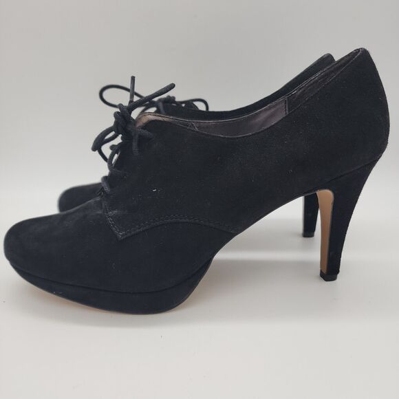 Adrienne Vittadini Suede Platform Heels Size 10M Black Shootie Booties Lace Up - Picture 2 of 13